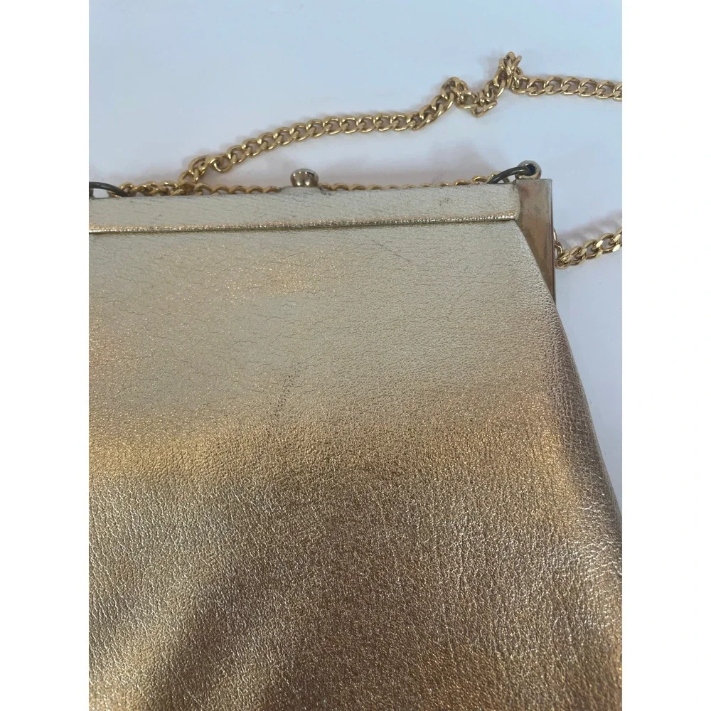 Vintage Gold Metallic Evening Bag Kiss Lock Chain Strap Formal‎ Clutch Handbag